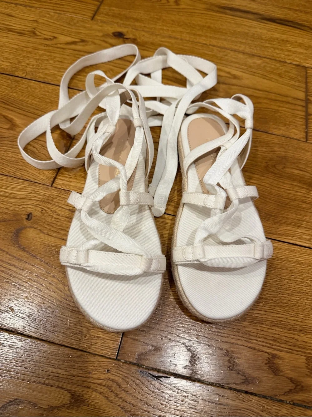 Stuart Weitzman White Lace-Up Espadrille Sandals